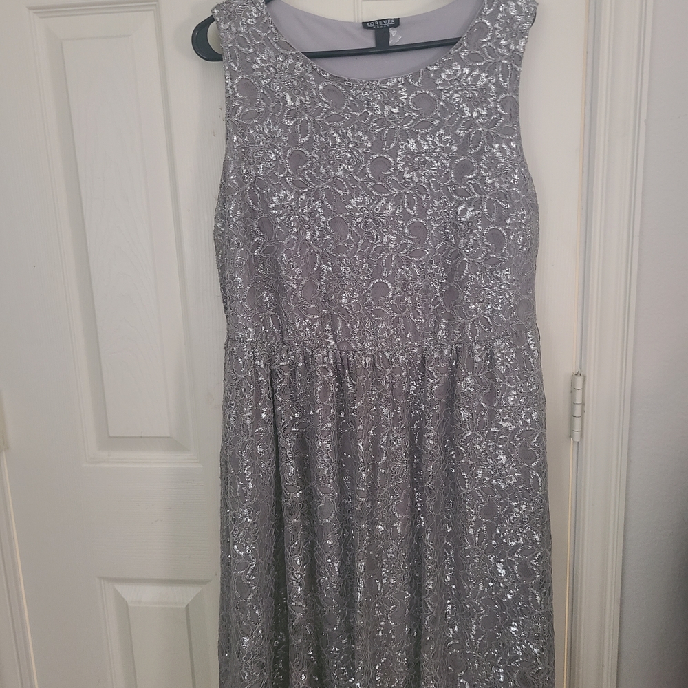 Adrianna Papell Silver Sequin Lace Midi Dress